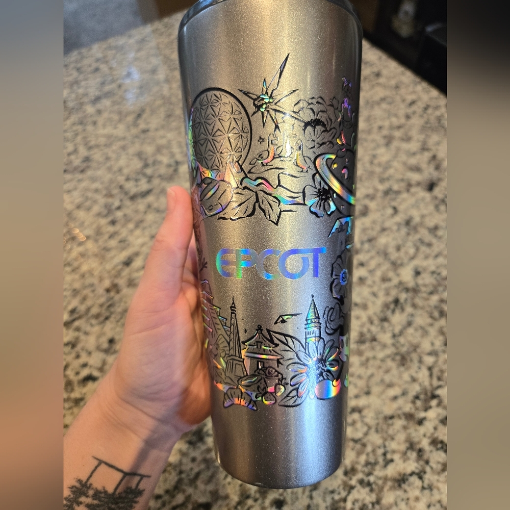 Starbucks tumbler featuring icons from EPCOT at Walt Disney World Resort